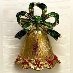 Vintage gold tone holiday bell pin brooch poinsettia accents red green Christmas